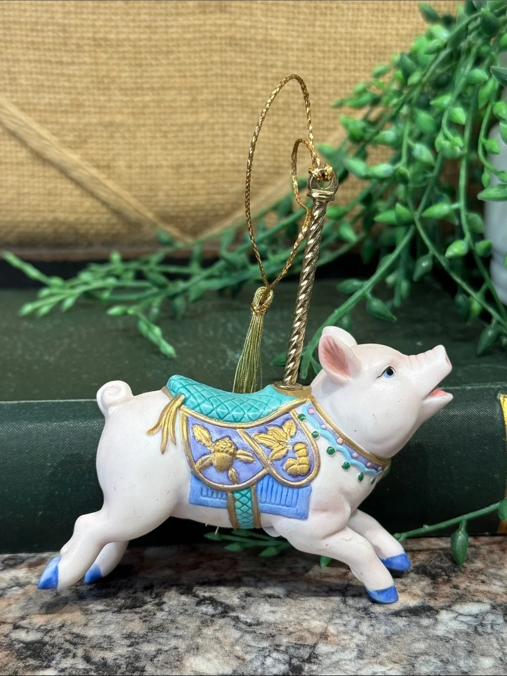 Lenox Pink Pig Carousel Ornament with Teal Saddle and Gold Trim